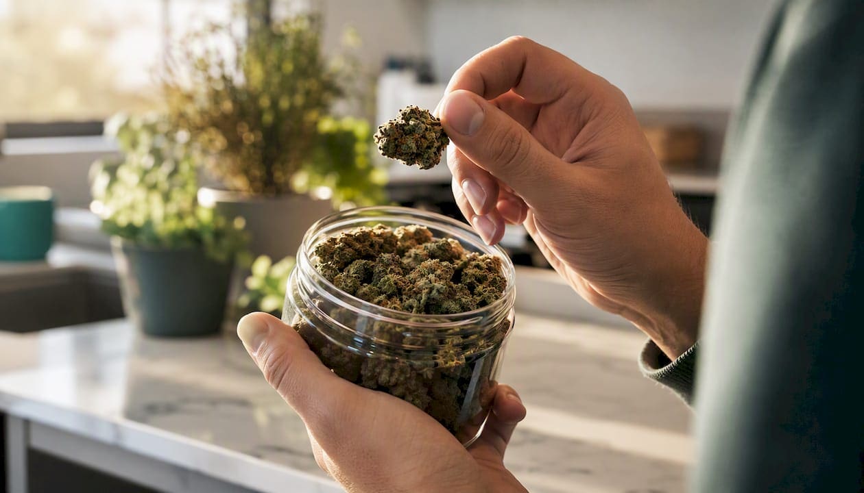 Hands smelling cannabis flower for aroma