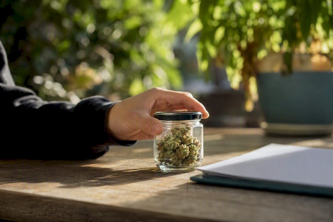 Hand placing jar of cannabis on counter