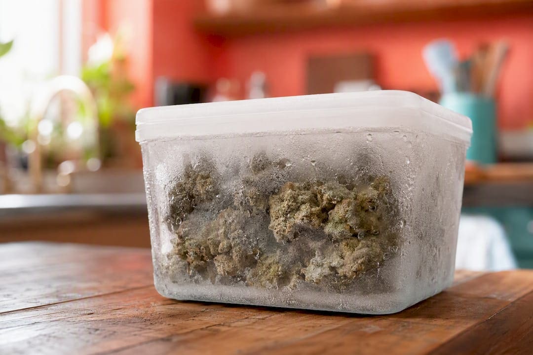 Frosted sealed container with frozen cannabis buds