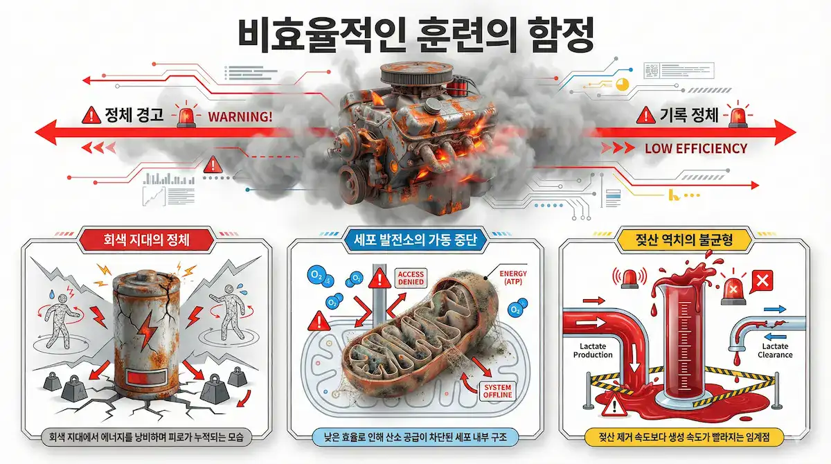 비효율적인 '회색 지대' 훈련과 효율적인 '폴라라이즈드' 훈련(존2 훈련)의 차이를 보여주는 비교 그래프