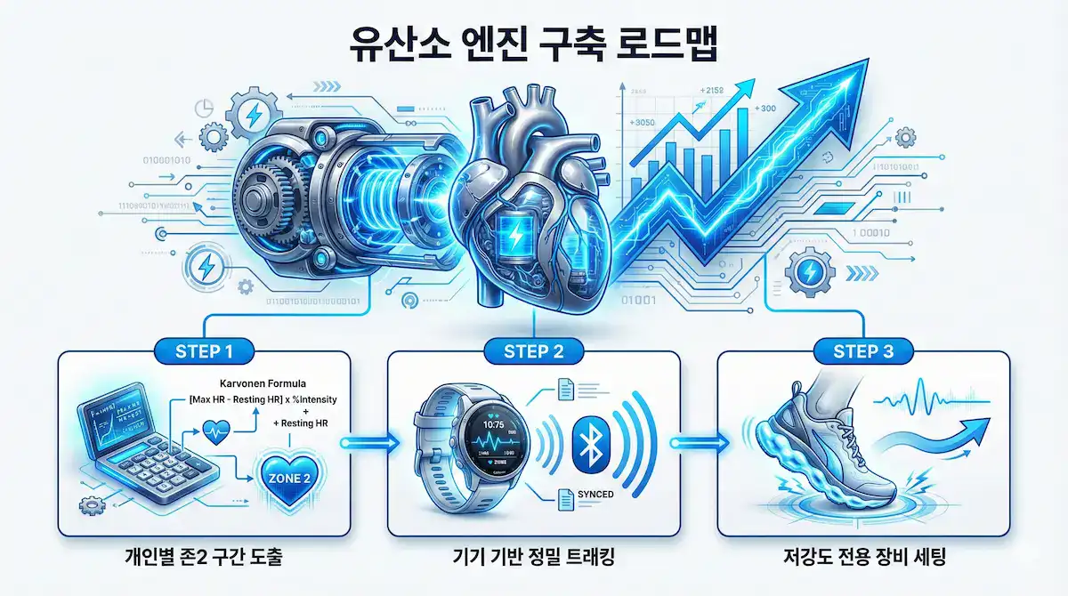 카르보넨 공식을 이용한 존2 심박수 계산 3단계 프로세스를 시각화한 인포그래픽