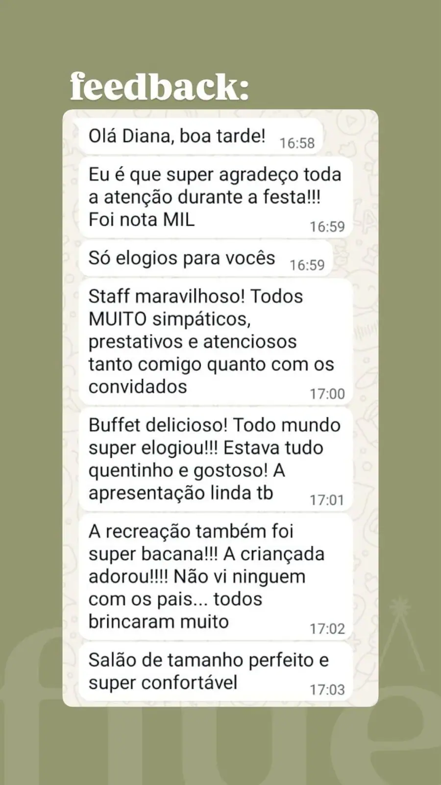 Avaliação positiva sobre festa realizada na Flue Casa de Eventos em Belo Horizonte.