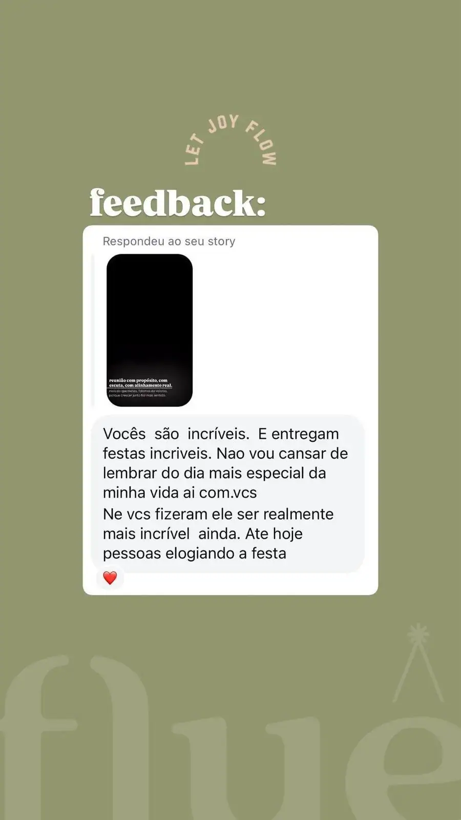 Feedback de clientes da Flue Casa de Eventos destacando o ambiente acolhedor, a gastronomia e a qualidade do atendimento.