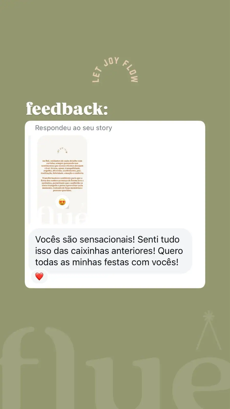 Mensagem de cliente da Flue Casa de Eventos agradecendo pela organização e pelo sucesso de sua comemoração.