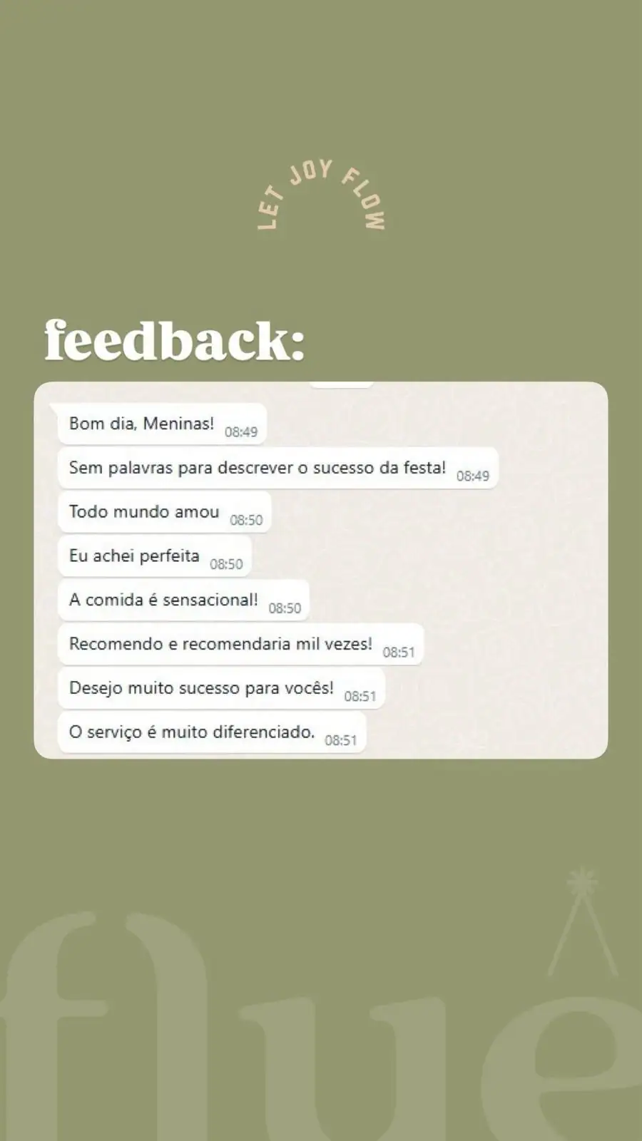 Mensagem de cliente da Flue Casa de Eventos agradecendo pela organização e pelo sucesso de sua comemoração.