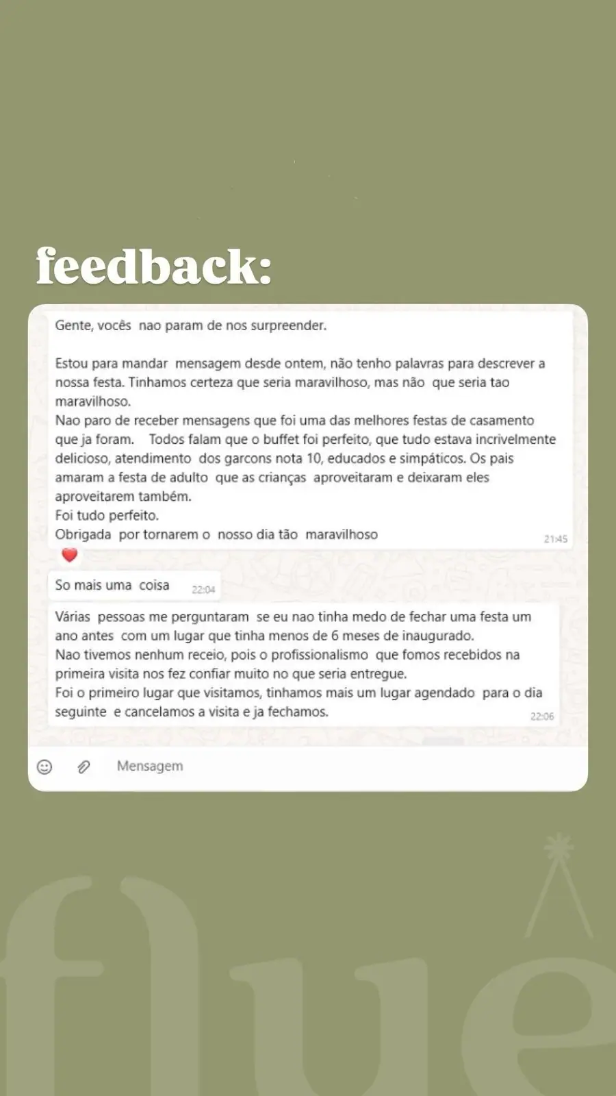 Depoimento de cliente da Flue Casa de Eventos relatando satisfação com eventos realizados no espaço.
