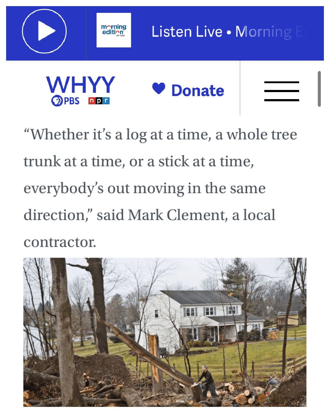 Mark MyFixitUpLife WHYY chainsaw 1 Why I Joined a Tornado Clean Up Chainsaw Gang MyFixitUpLife Photo of a white two story house with fallen trees and scattered wood after a storm in a suburban yard showing damage and debris MyFixitUpLife