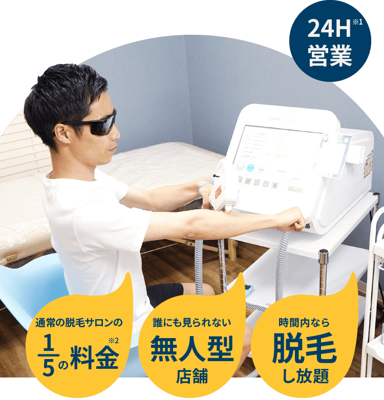 24H営業 女性もOK 月5,000円～通い放題！ 通常の脱毛サロンの1/5の料金 誰にも見られない無人型店舗 時間内なら脱毛し放題