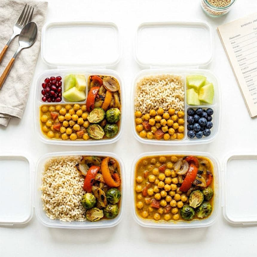 Variety of high fiber whole foods including beans, oats, fruits and vegetables spread on a table