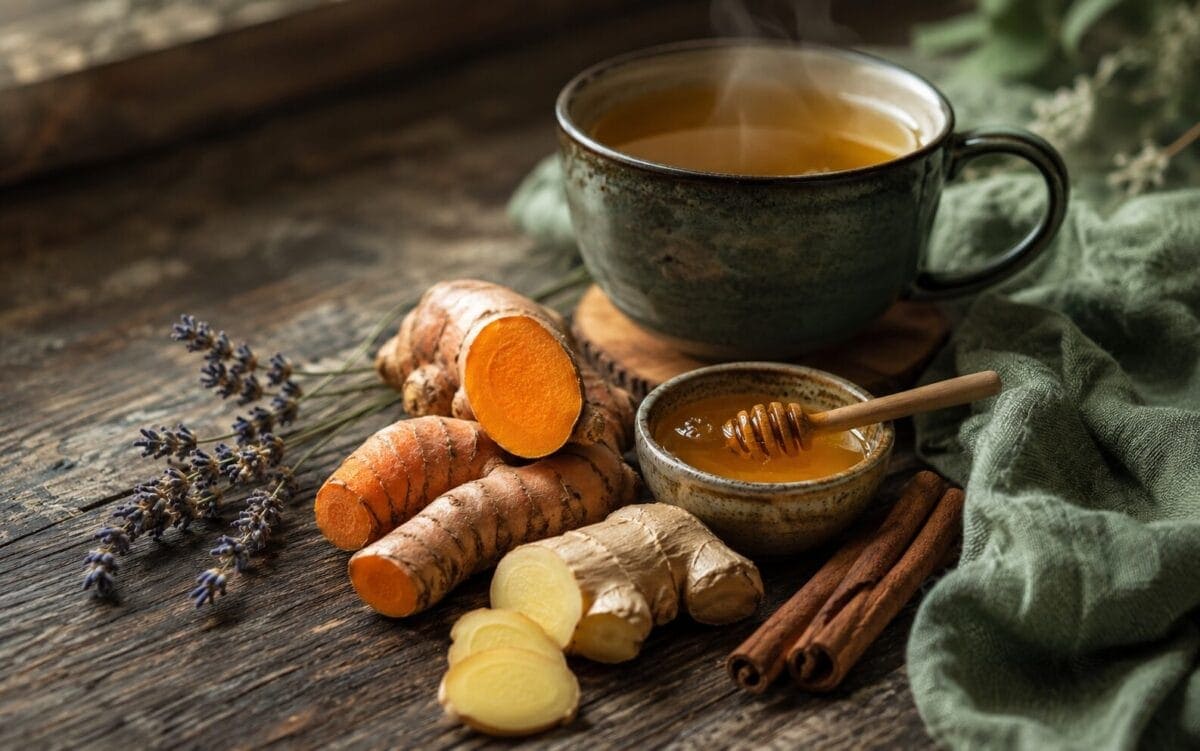 Turmeric, ginger, lavender and honey arranged as natural home remedies