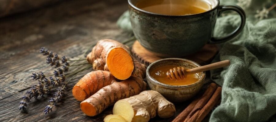 Turmeric, ginger, lavender and honey arranged as natural home remedies