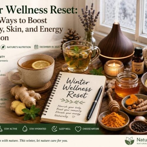 Winter wellness flat lay featuring ginger, honey, turmeric, herbal tea, citrus fruits, and essential oils for natural immunity and seasonal health.