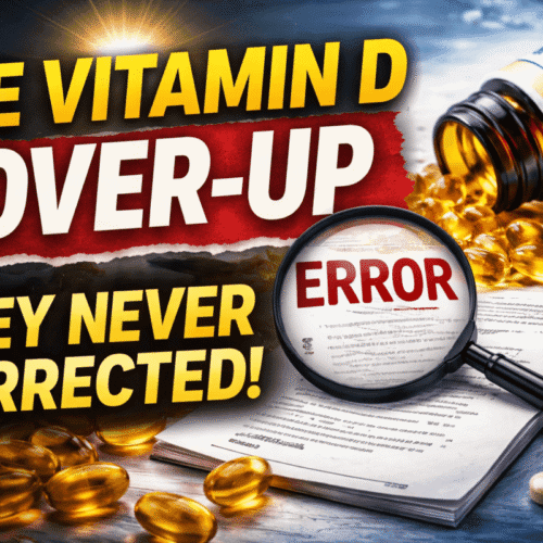 Vitamin D cover-up showing a spilled vitamin D3 bottle, research documents, and an error highlighted in official guidelines