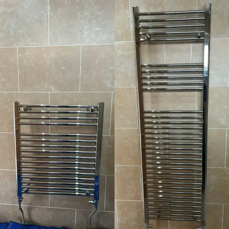 Before and after of a premium chrome heated towel rail upgrade in a Glasgow bathroom, installed by NB Gas & Plumbing. Shows a small old radiator replaced by a modern full-height ladder towel radiator on a tiled wall.