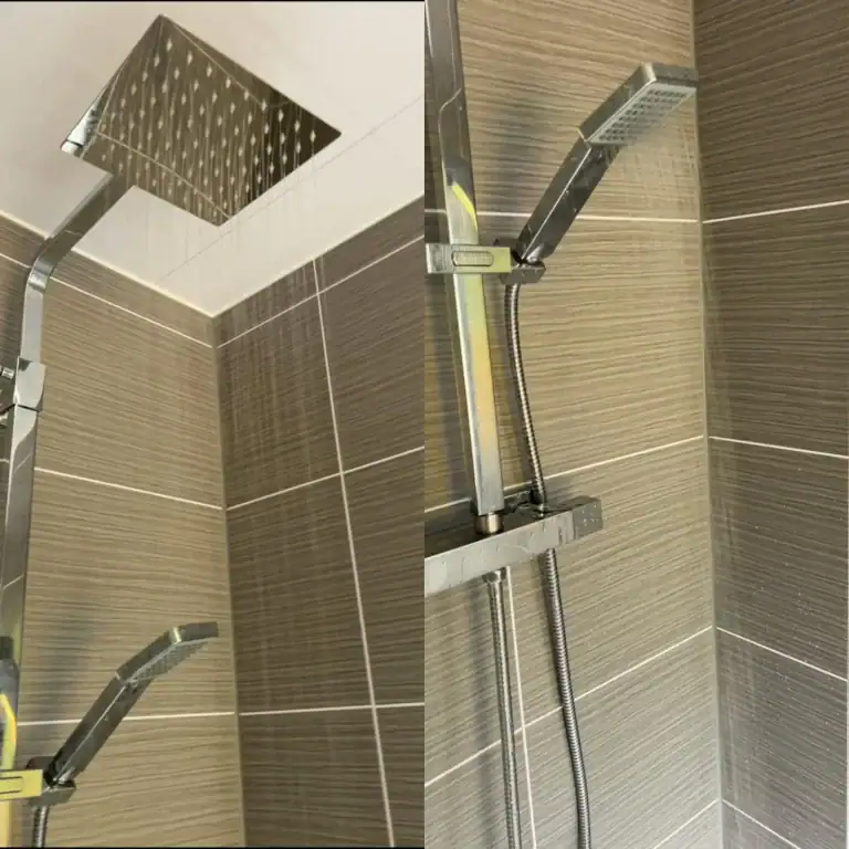 Premium chrome thermostatic rainfall shower mixer installation and bathroom tiling UK Glasgow