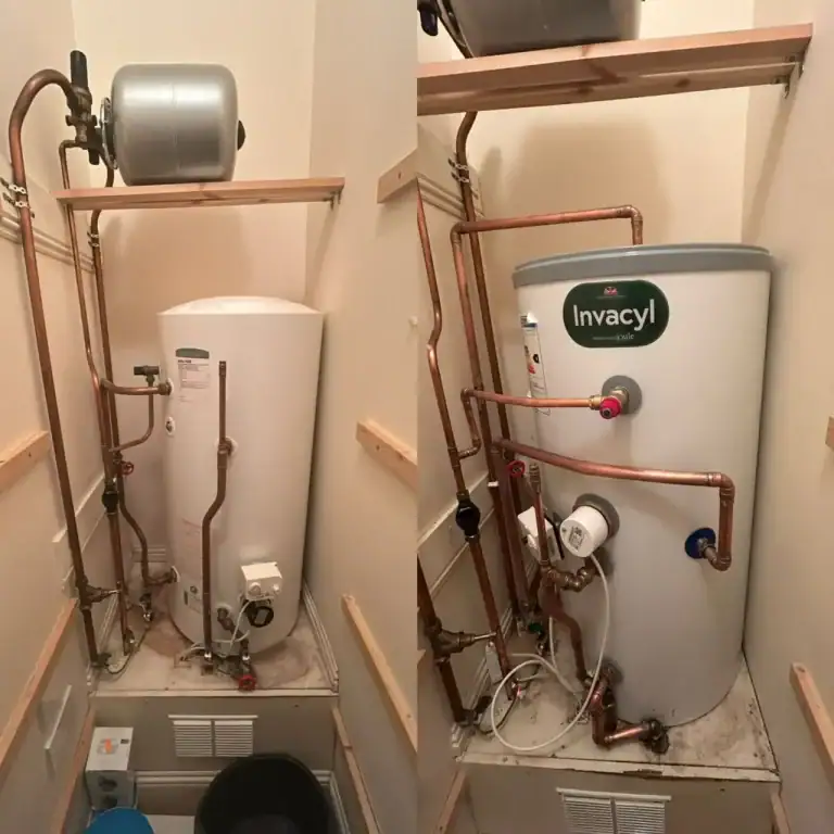 Invacyl unvented hot water cylinder installation with copper pipework tidying