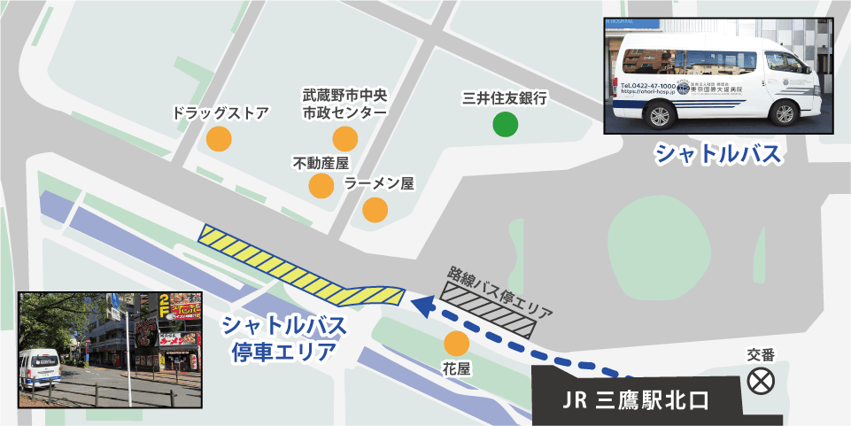 東京国際大堀病院シャトルバスJR三鷹駅北口乗車場マップ