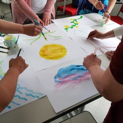 kuvituskuva kuvataidekursseja kuvassa näkyy käsiä, jotka maalaavat