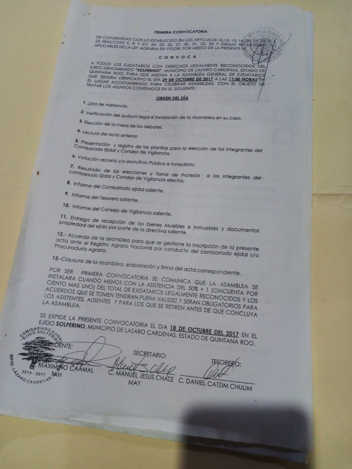 Denuncian falsificación de acta en ejido de Solferino