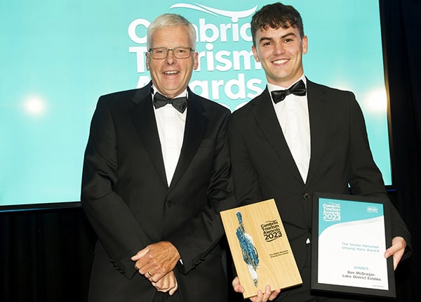 Cumbria Tourism Awards 2023 at the Castle Green Hotel, Kendal ; Wednesday 5th July 2023
Winner of The Sheila Hensman Unsung Hero Award , (from left) presented by Jim Walker on behalf of the Hensman family , winner Ben McGregor of Lake District Estates. 
Copyright: JENNY WOOLGAR PHOTOGRAPHY