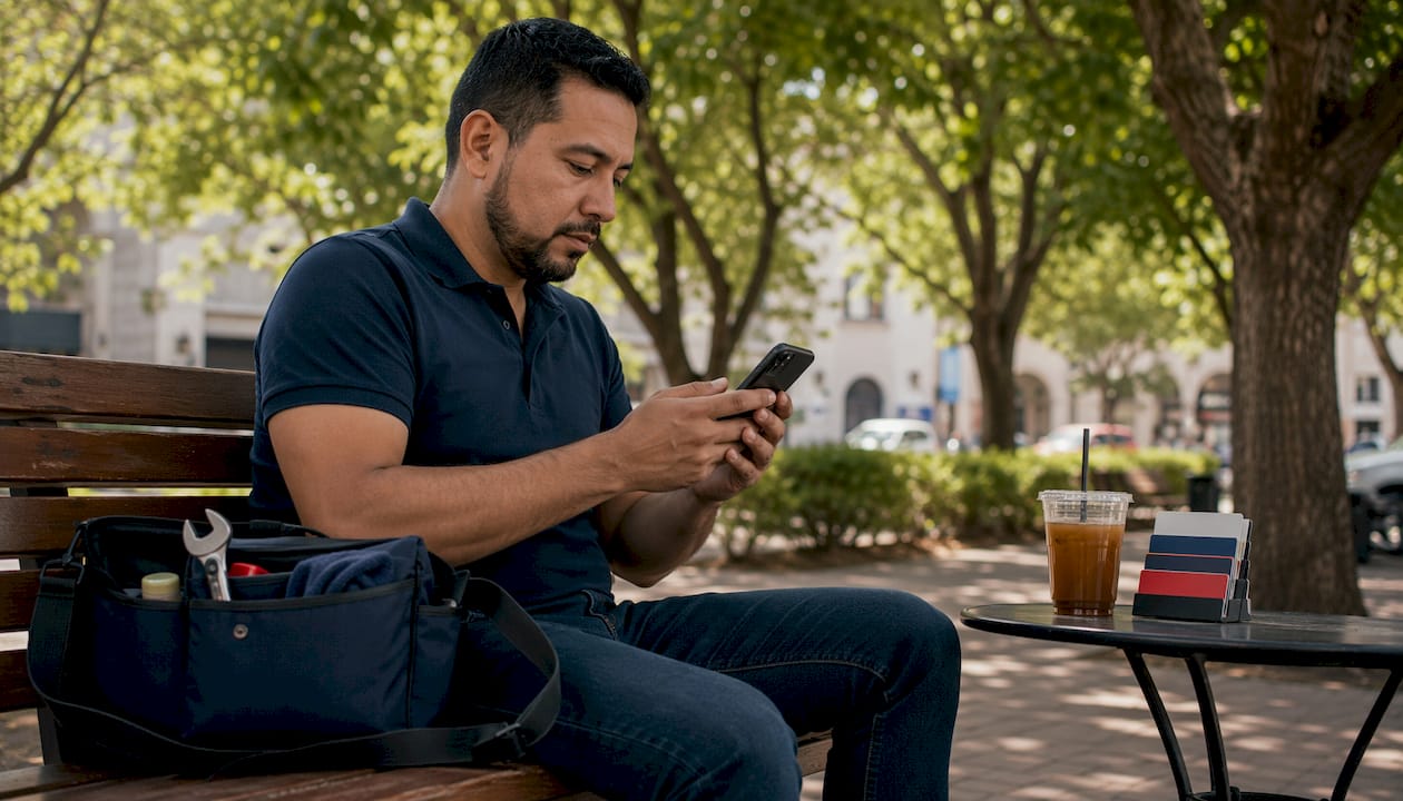 Man reviewing mobile mechanic service options at desk