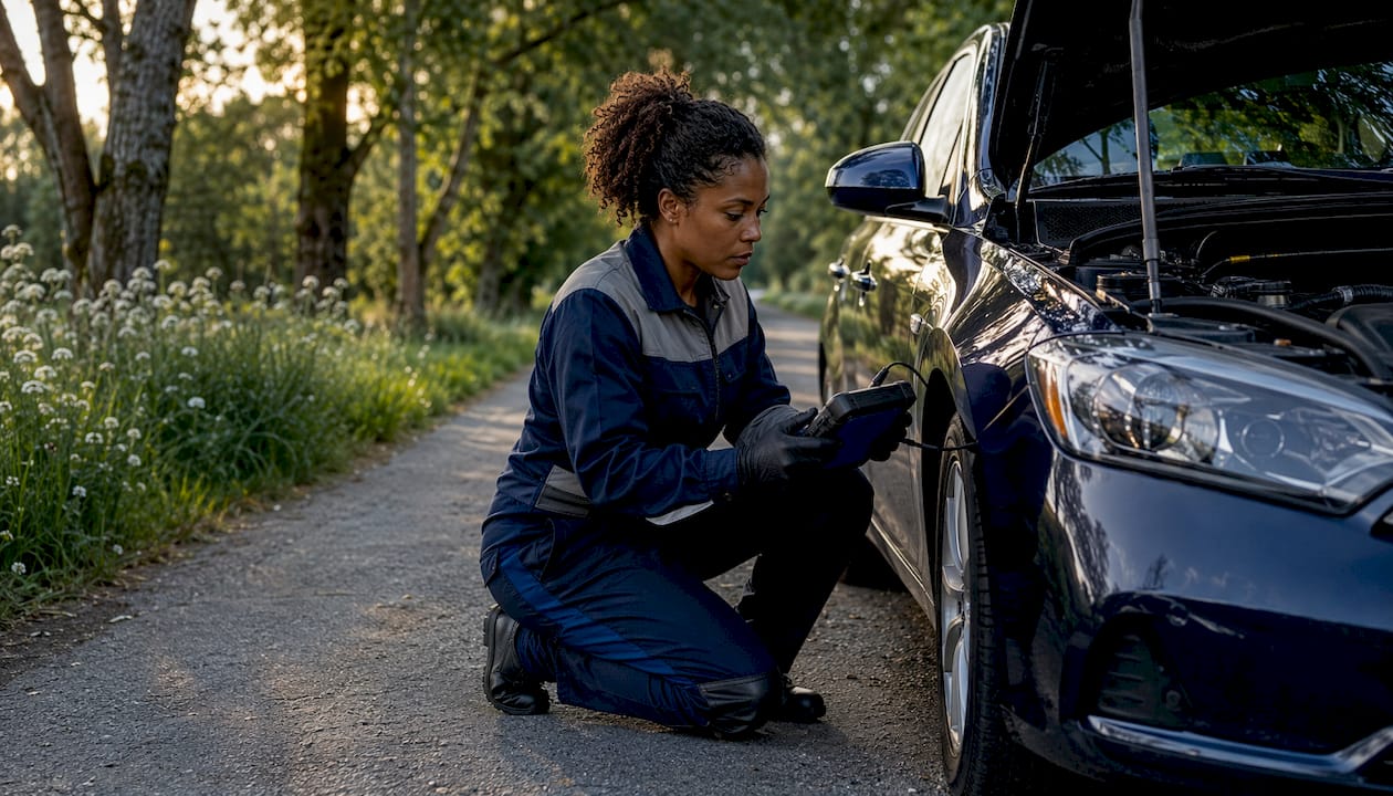 Roadside technician inspecting car engine outdoors