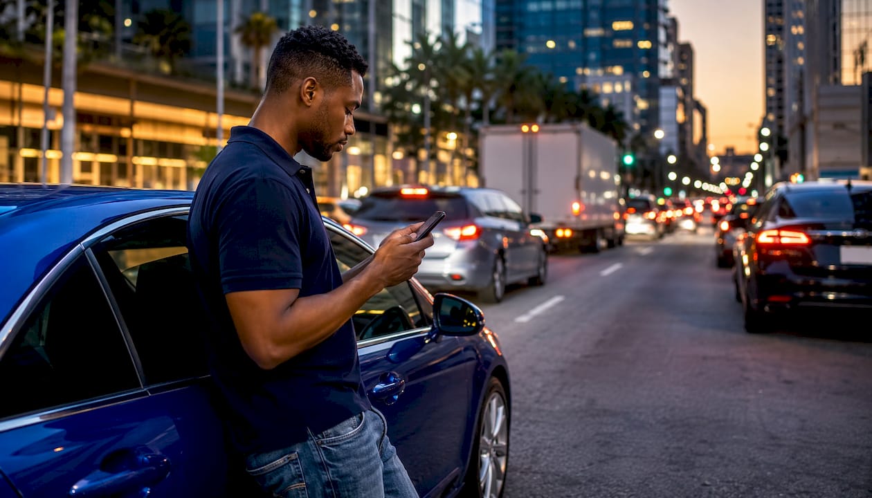 Man checking vehicle app amid LA traffic outdoors