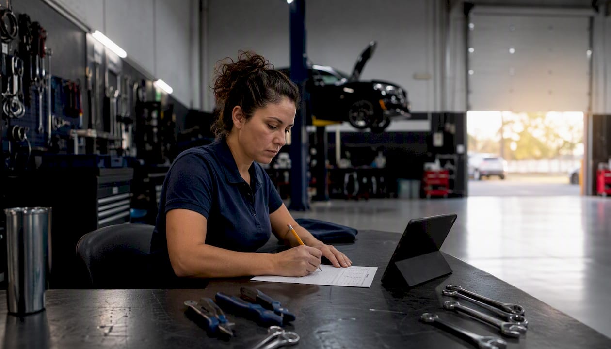 Mechanic calculating labor charges at workbench