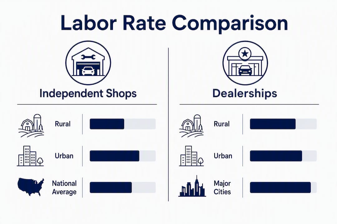 Infographic comparing mechanic labor rates by shop and area