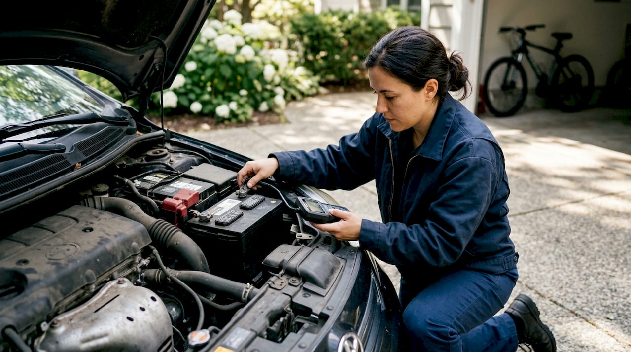 Mechanic testing car battery and wiring