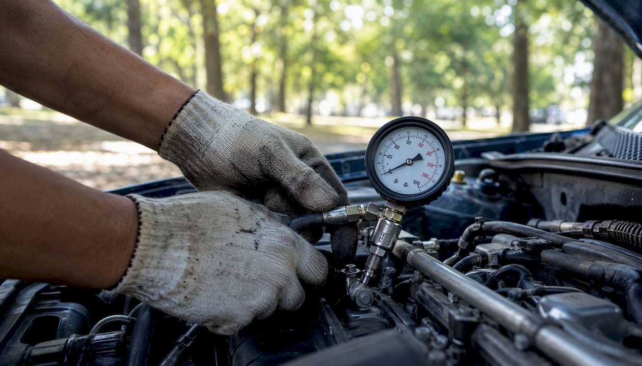 Mechanic attaching fuel pressure gauge