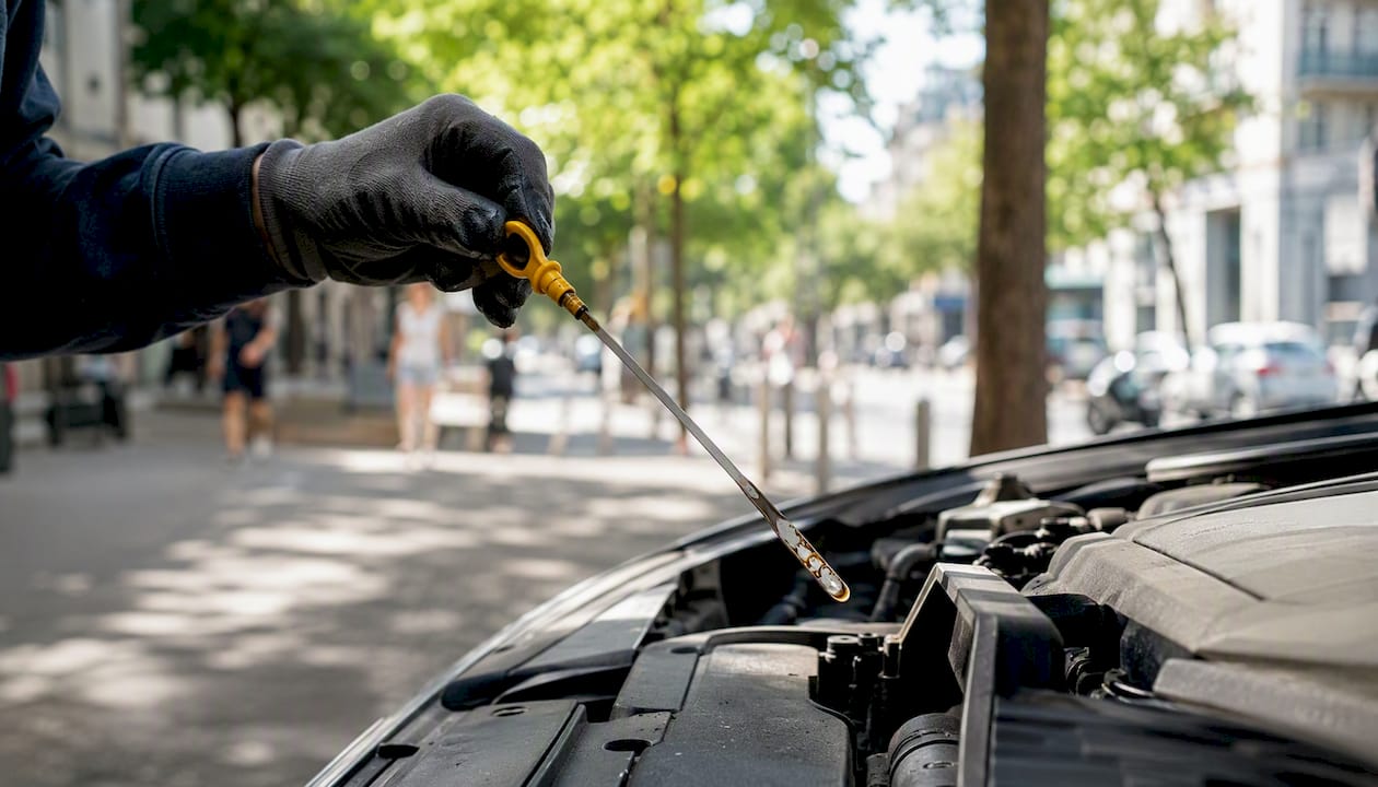 Hand checking car oil dipstick with dirty oil