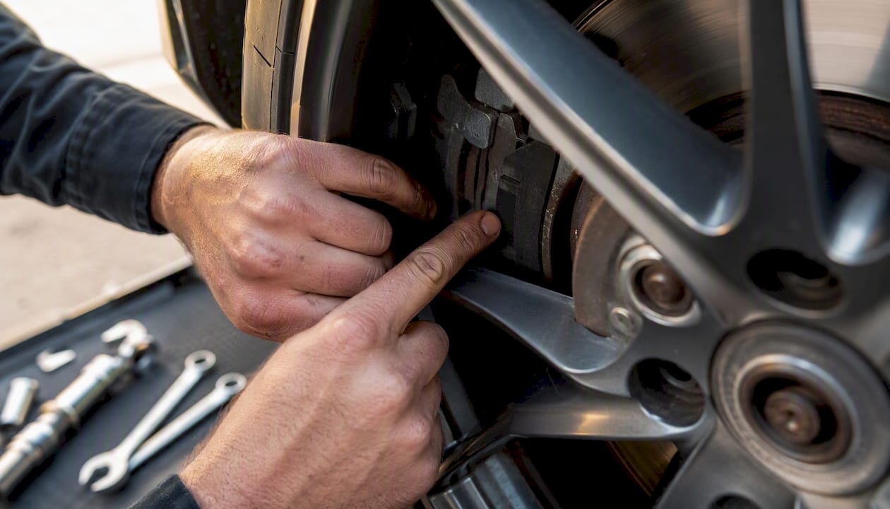 Mechanic inspecting brake pads through wheel spokes