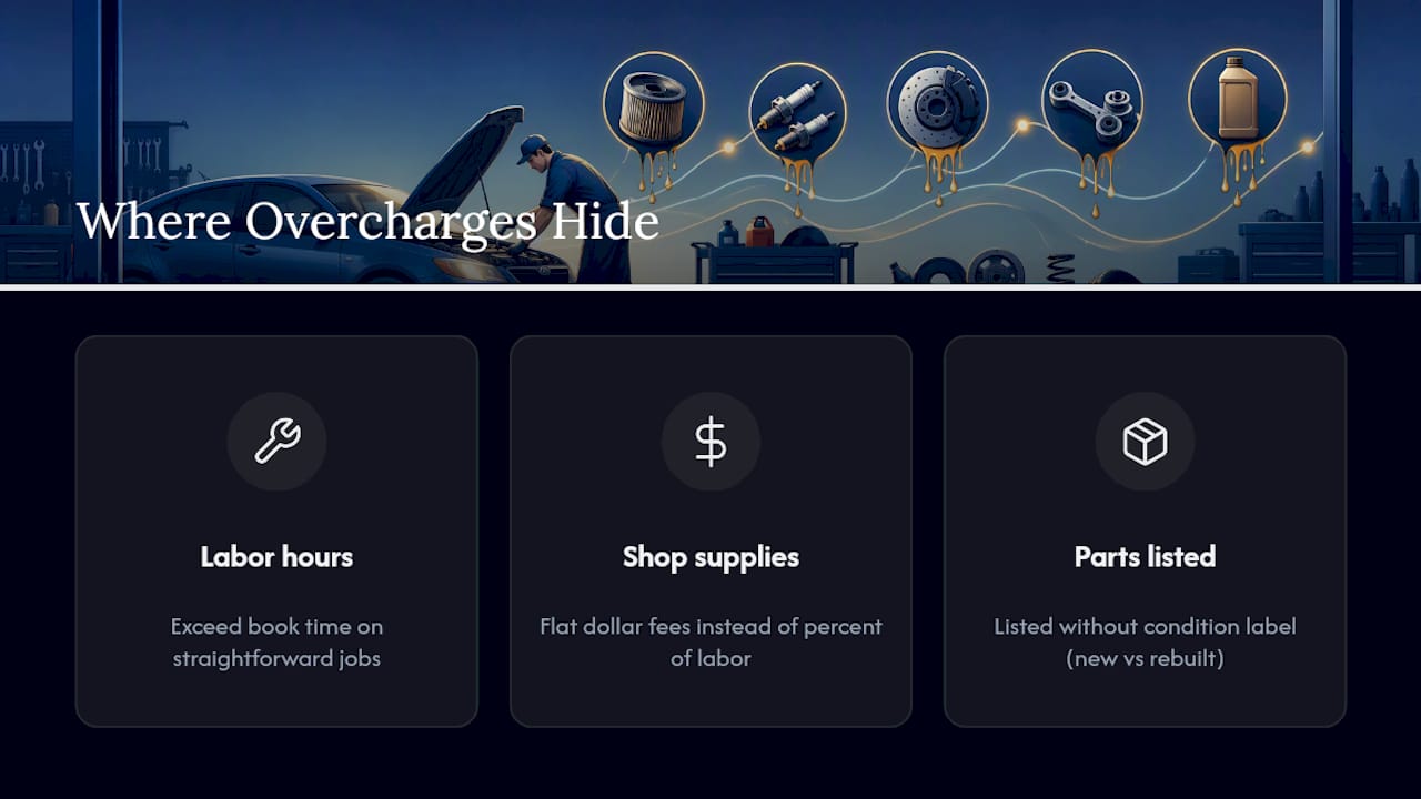 Common overcharge locations on car repair invoice
