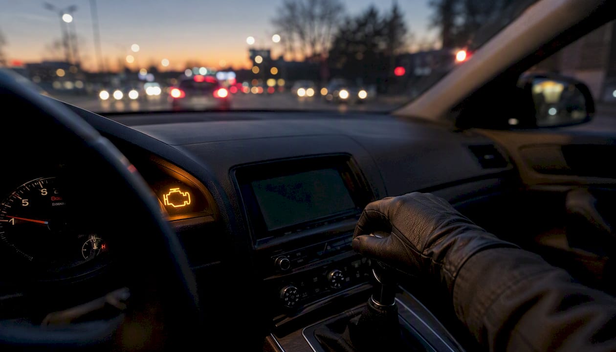 Flashing check engine light on dashboard with hand