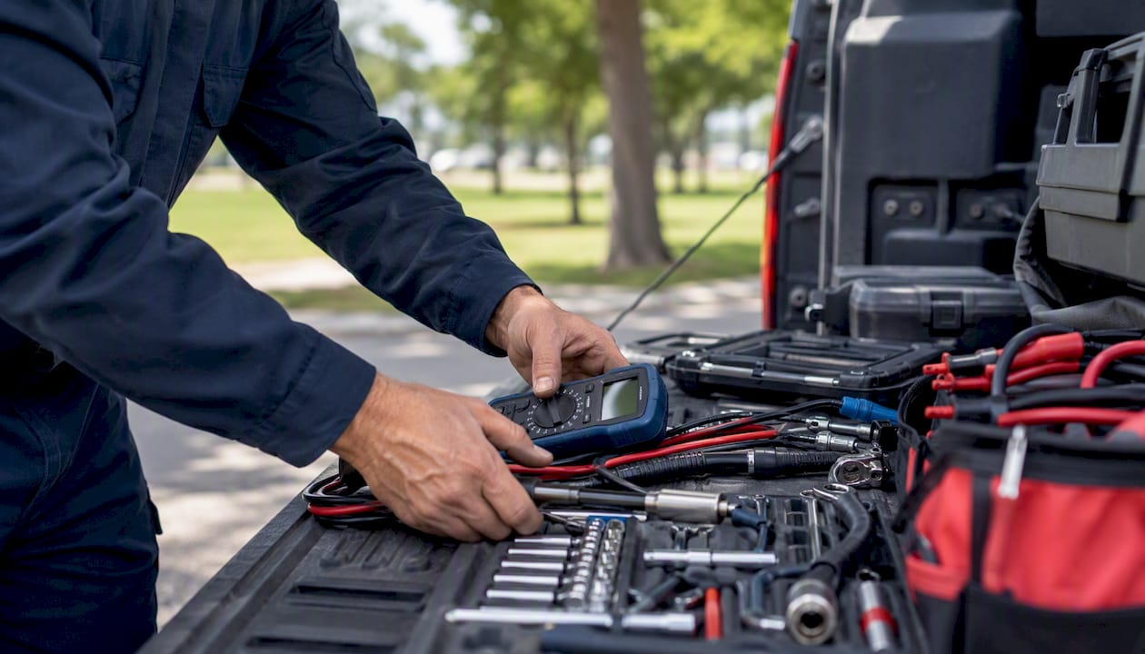 Technician arranging diagnostic tools on truck tailgate
