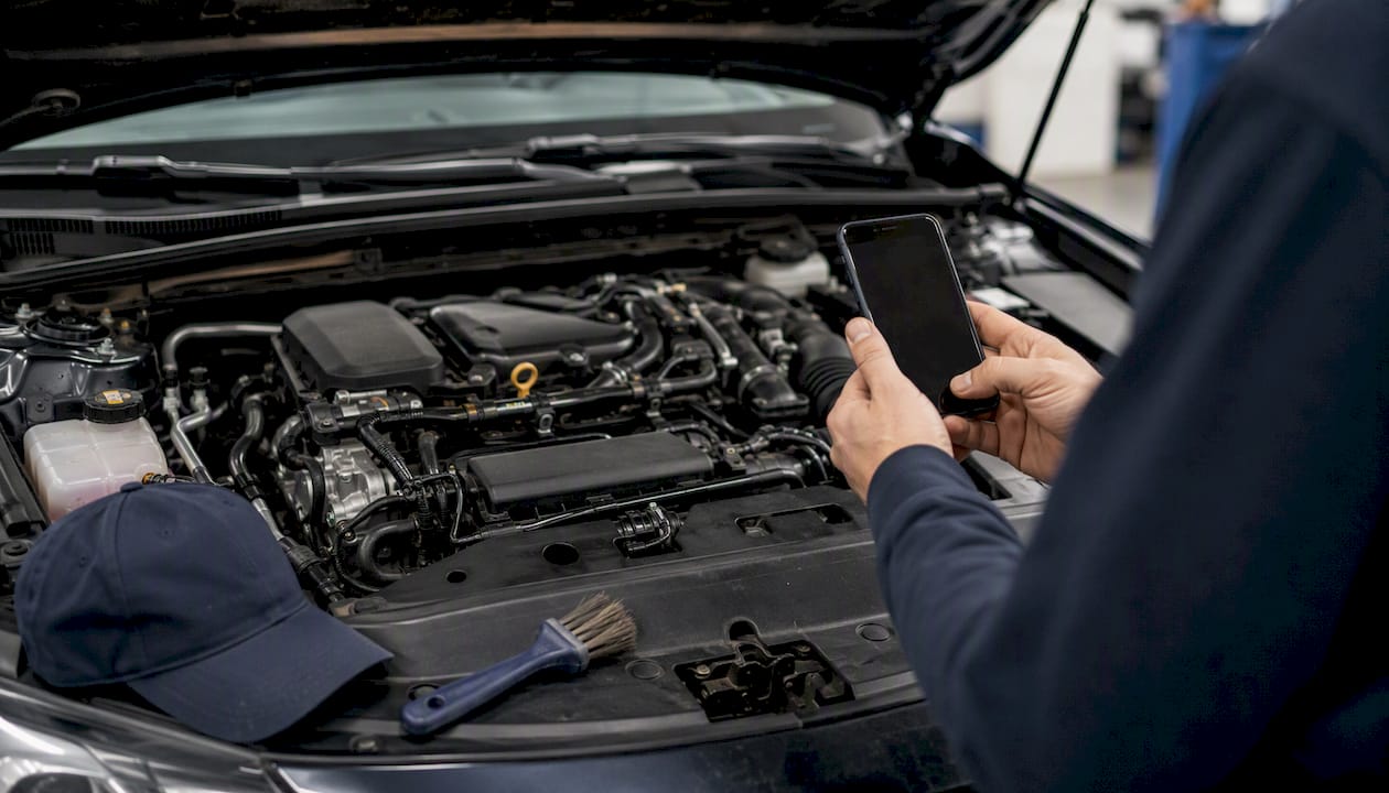Clean engine bay being photographed safely