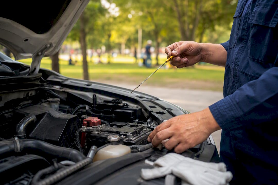 Hands inspecting vehicle battery and oil dipstick