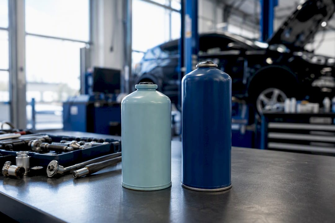 Two different refrigerant cans on bench