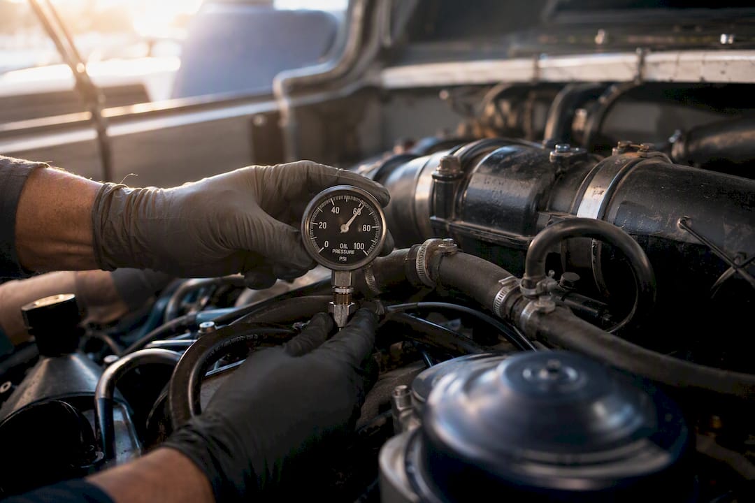 Mechanic reading oil pressure gauge on warm engine