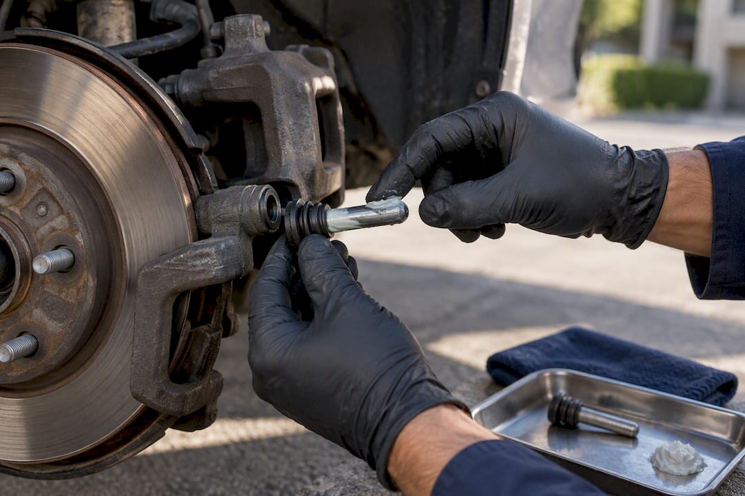 Mechanic lubricating a brake caliper slide pin
