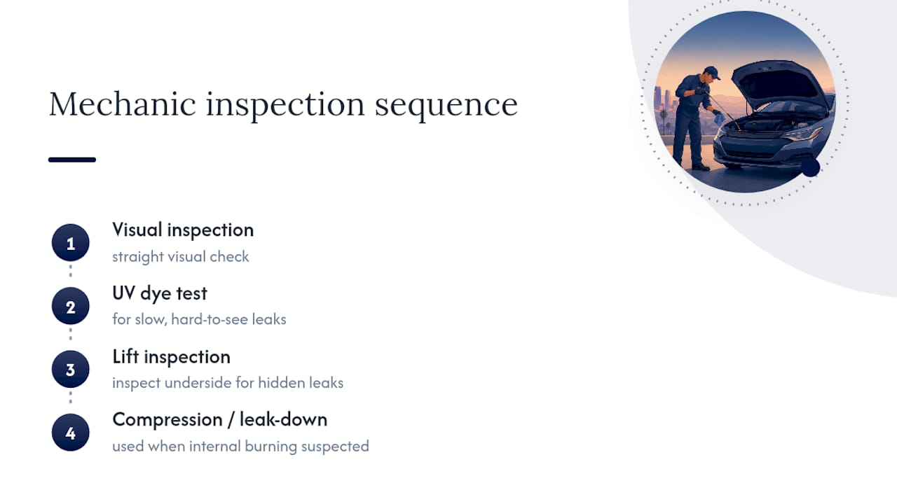 Four-step diagnostic path for burning oil smells
