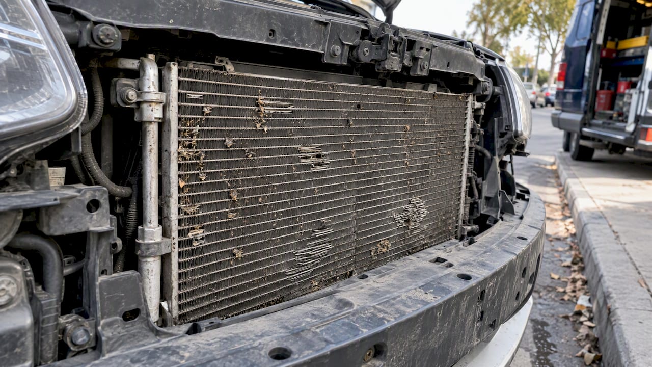 Debris and bent fins on car condenser