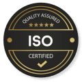 An ISO certification seal in black and gold, prominently displaying "ISO CERTIFIED" with the words "QUALITY ASSURED" and "CERTIFIED" around it.