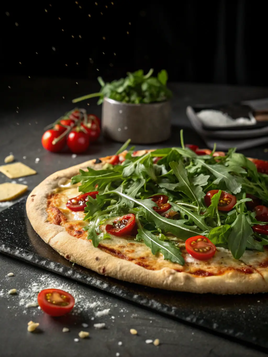 A thin crust pizza with a promotional offer against a dark background.
