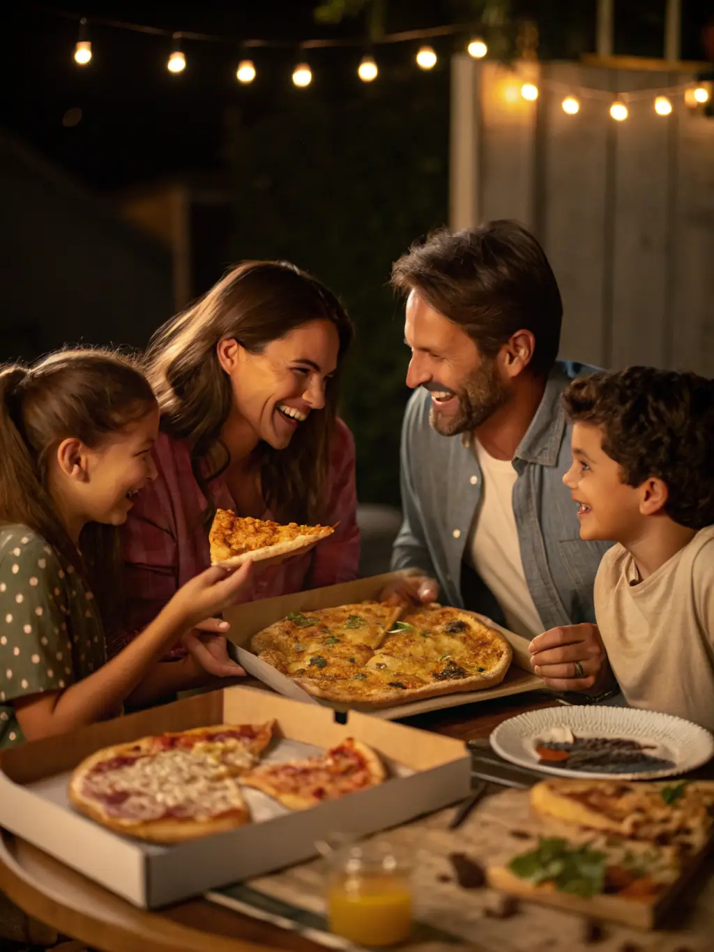 A family enjoying a pizza meal deal around a table.