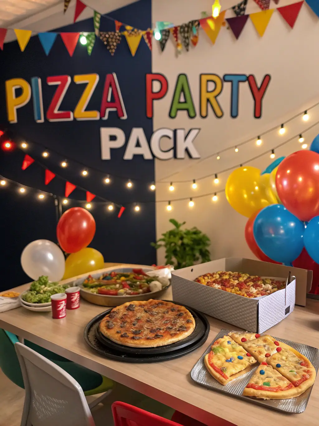 A pizza party pack displayed on a festive table with colorful decorations.