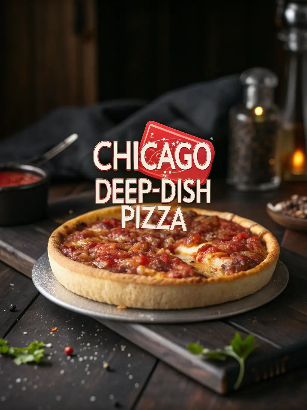 A Chicago deep-dish pizza with a discount tag on a wooden table.