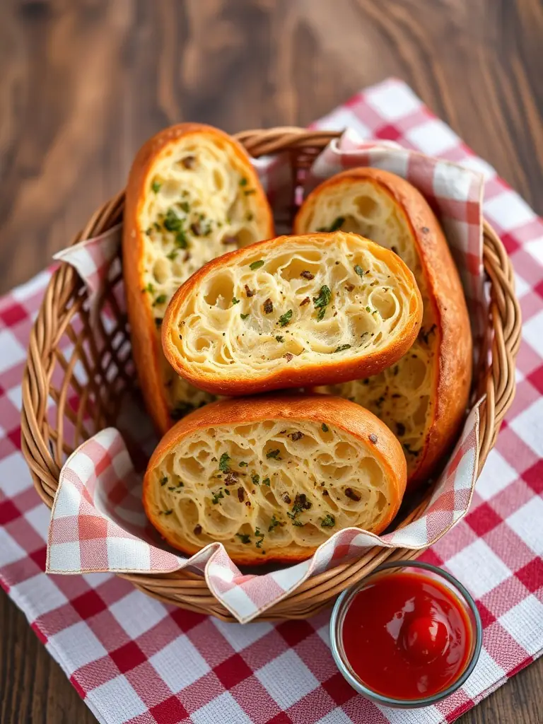 A basket of freshly baked garlic bread with a dish of marinara sauce.