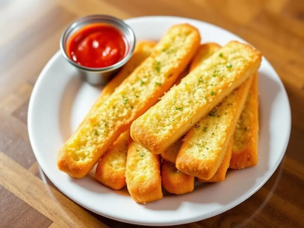 Crispy garlic bread with marinara sauce on a white plate.